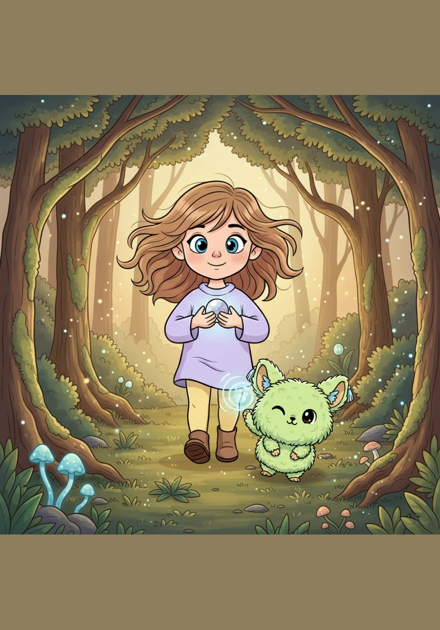 Рядом с ягодой появился крошечный пушистый дух леса с ушками-кисточками, который весело подмигнул Диане. Он коснулся лапкой светящегося плода, и лес вокруг начал медленно преображаться, наполняясь мягким мерцанием.