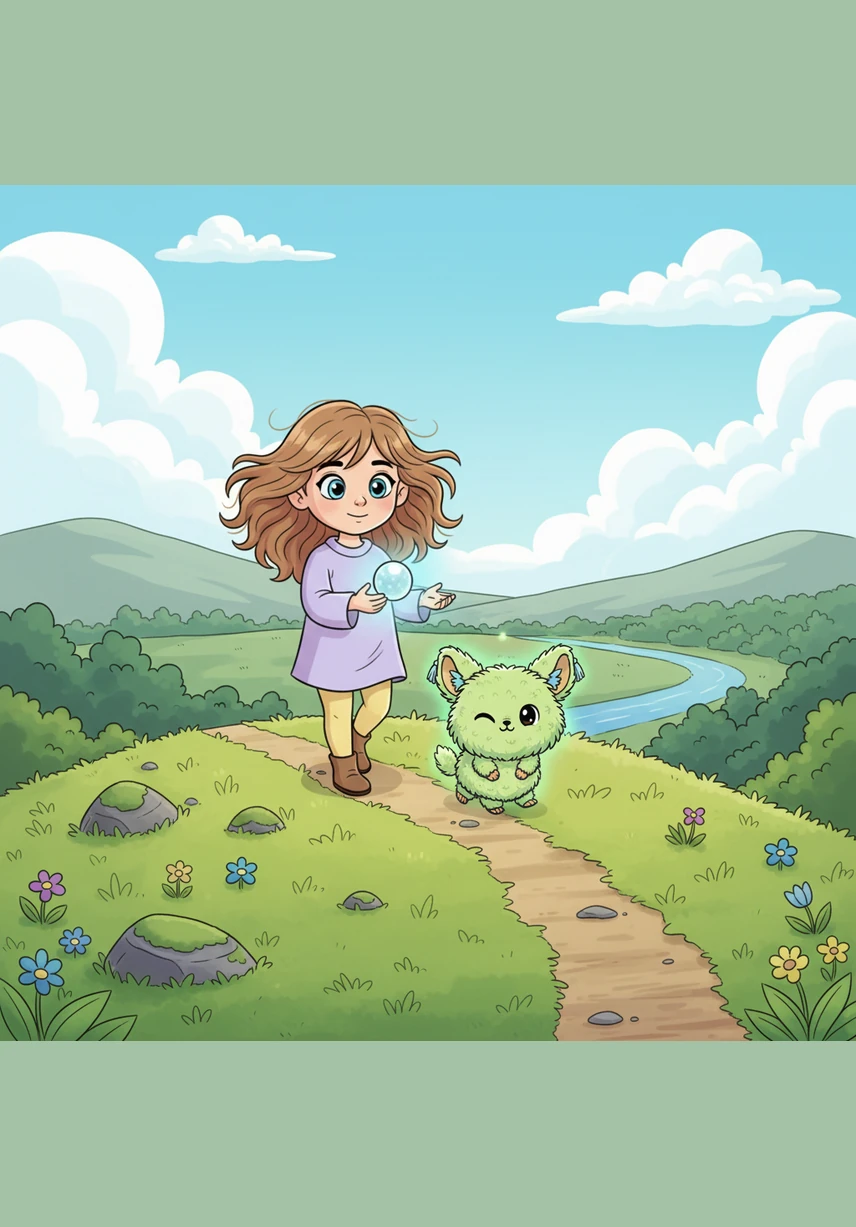 Вместе со своим маленьким проводником Диана поднялась на высокий холм, где облака были мягкими и пушистыми, как сахарная вата. Ночной ветер ласково гладил её по волосам, принося ароматы лесных цветов и добрых снов.