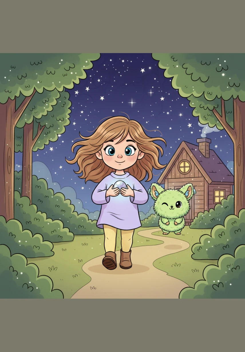 Лес вокруг снова стал привычным и уютным, а серебряный свет разлился повсюду, даря ощущение безопасности и покоя. Звезды подмигивали девочке сверху, словно старые добрые друзья, провожая её до самого порога дома.