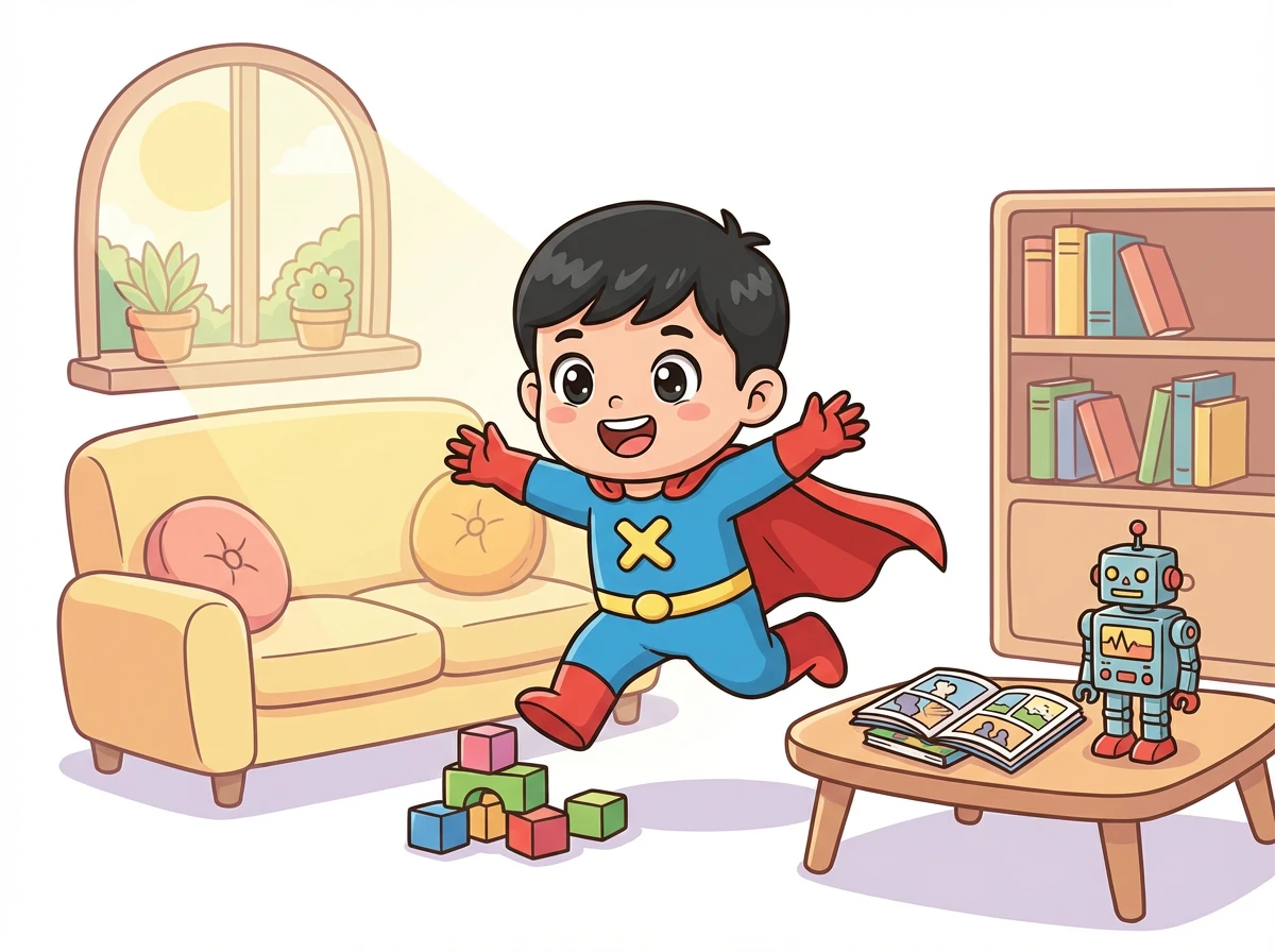 小明是一个喜欢看漫画的普通男孩，梦想着有一天能成为像漫画里的超人一样的英雄。他经常穿着自己做的超人披风，在家里跑来跑去。