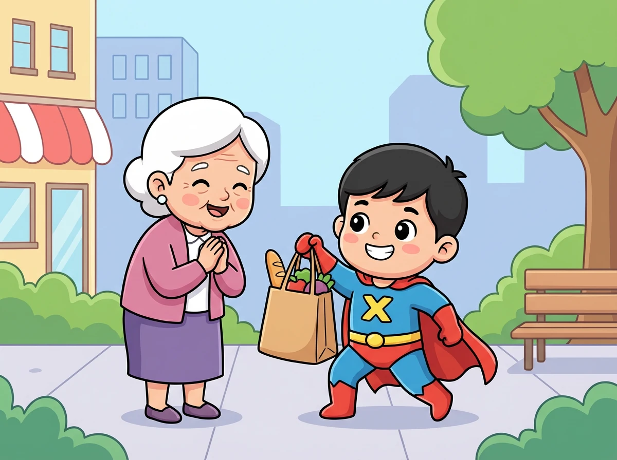 小明第一次使用超能力，帮助一位老奶奶捡起了掉在地上的东西。老奶奶非常感谢他，小明心里充满了成就感。