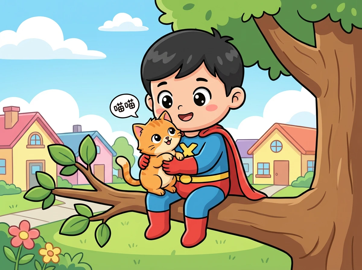 小明发现邻居家的小猫被困在了树上，他飞到树上救下了小猫。小猫咪依偎在他怀里，喵喵地叫着。