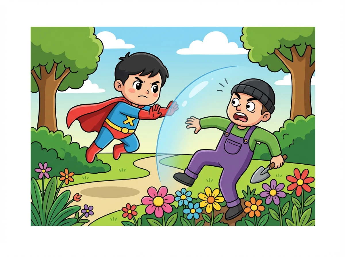 小明发现有坏人正在偷偷地破坏公园里的花草，他用他的超能力阻止了坏人，保护了公园的美丽。