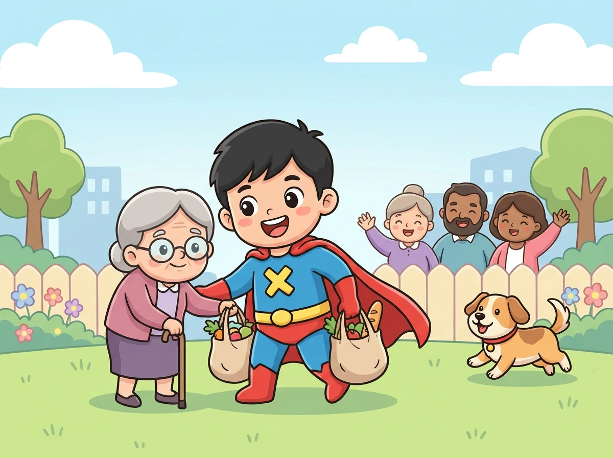 小明继续他的英雄之旅，每天都在努力帮助身边的人，用他的超能力和善良的心，守护着社区的和平与幸福。