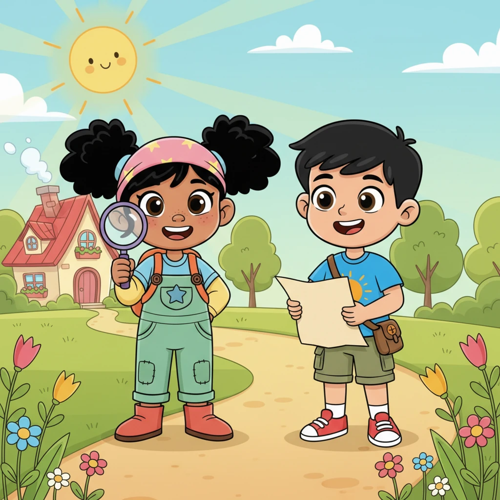 Leo y Mia, con sus mochilas cargadas y mapas desplegados, se preparan para un día emocionante. Sus ojos brillan de curiosidad mientras se despiden de su acogedora casita, listos para descubrir los secretos que el mundo les tiene preparados. El sol de la mañana ilumina el sendero, invitándolos a comenzar su gran aventura.