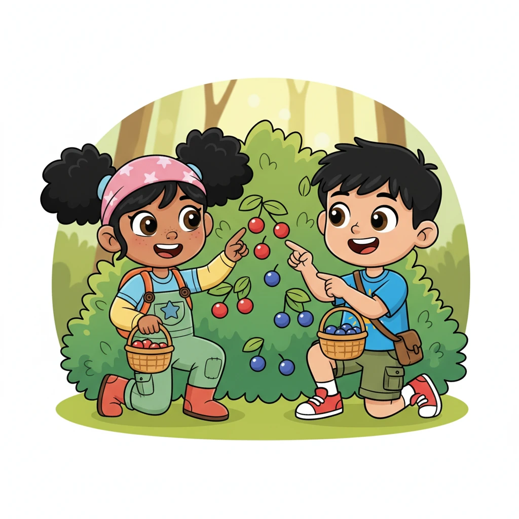 Encontraron un arbusto lleno de bayas jugosas: cinco rojas y tres azules. Leo y Mia rieron, contando cuidadosamente cada una para asegurarse de que no se les escapara ninguna. Unieron las bayas en sus cestas, aprendiendo que juntar cosas es una forma divertida de sumar.