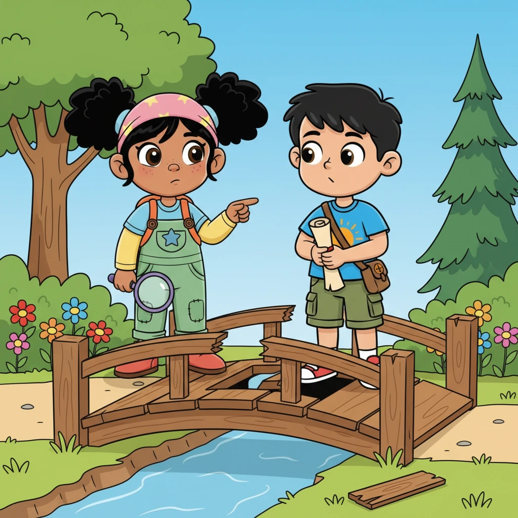 Más adelante, un pequeño puente de madera tenía dos tablones rotos de los diez que lo formaban. Con un gesto pensativo, Mia señaló los huecos. Los amigos se dieron cuenta de que para cruzar, necesitaban encontrar las piezas que faltaban, entendiendo que quitar es restar.