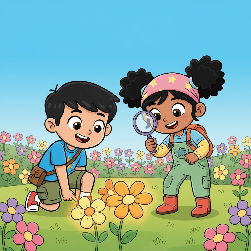 Llegaron a un campo brillante donde cada flor tenía cuatro pétalos. Leo se arrodilló, mirando de cerca tres de esas hermosas flores. Se dieron cuenta de que podían saber cuántos pétalos había en total si multiplicaban, ¡una forma rápida de contar!