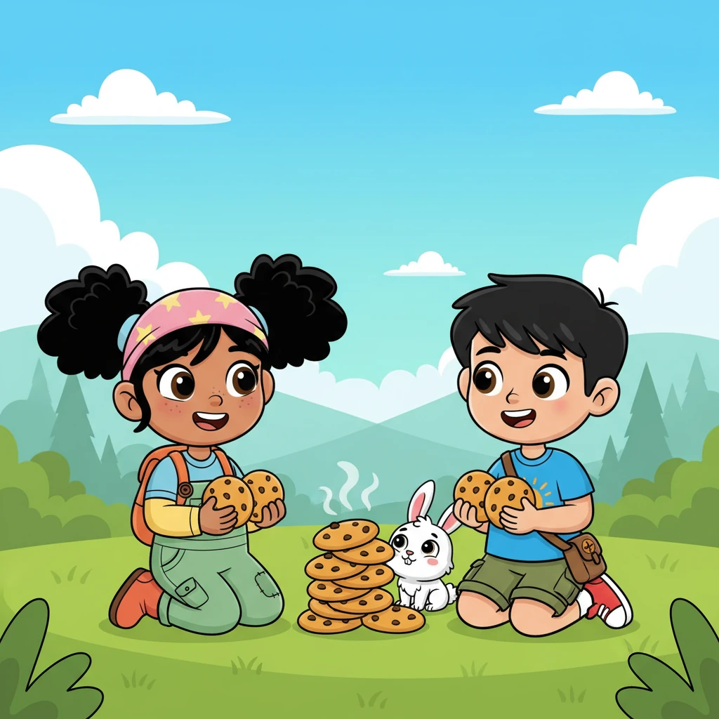 De repente, descubrieron una pila de diez galletas recién horneadas, ¡qué delicia! Un pequeño y simpático conejo asomó la nariz, pidiendo compartir. Leo y Mia sonrieron, dividiendo las galletas en partes iguales para que cada uno tuviera la misma cantidad.