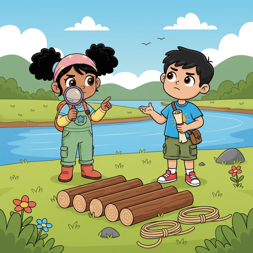 En la orilla de un río ancho, necesitaban construir una balsa. Contaron seis troncos y cuatro cuerdas, pensando cómo usar cada elemento. Sumaron, restaron y multiplicaron mentalmente, planeando la mejor manera de unir todo para su travesía.