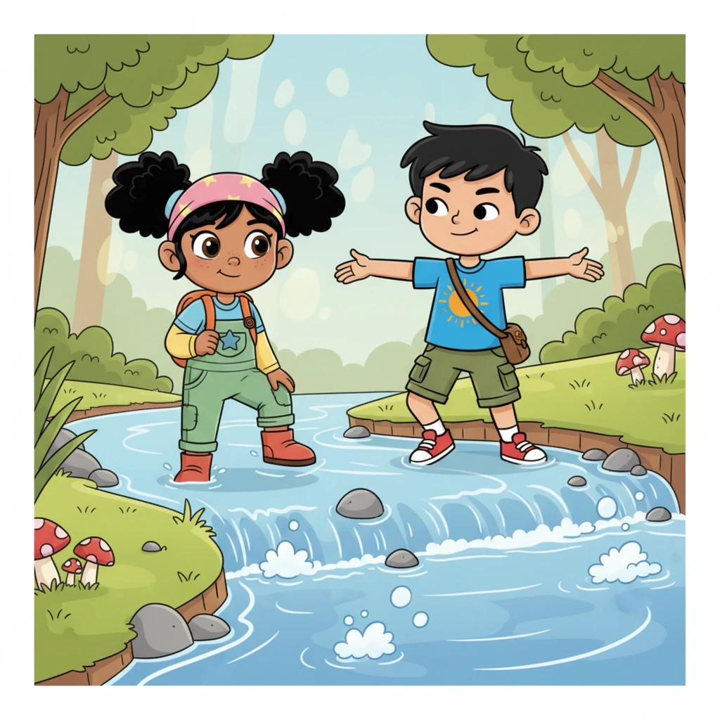 Un gran salto los esperaba para cruzar un arroyo burbujeante. Leo estiró los brazos, estimando la distancia con sus ojos. Ambos calcularon si sus piernas eran lo suficientemente largas para llegar al otro lado, usando su ingenio para medir sin una regla.