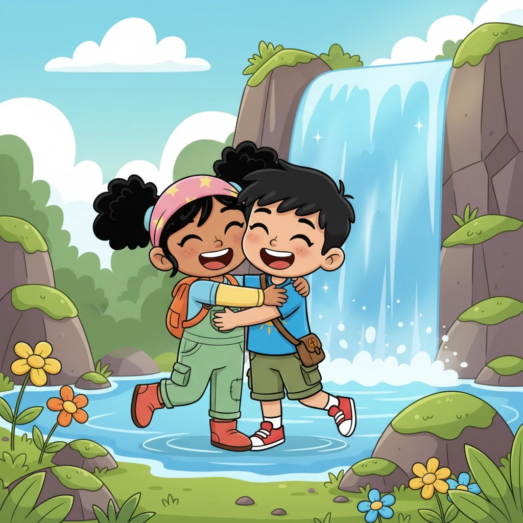 Después de tantos desafíos divertidos, Leo y Mia llegaron a una cascada resplandeciente, ¡su destino final! El agua caía con un sonido musical, y ellos, orgullosos de su ingenio y trabajo en equipo, celebraron su éxito con un gran abrazo. Cada operación los había acercado más a esta hermosa vista.