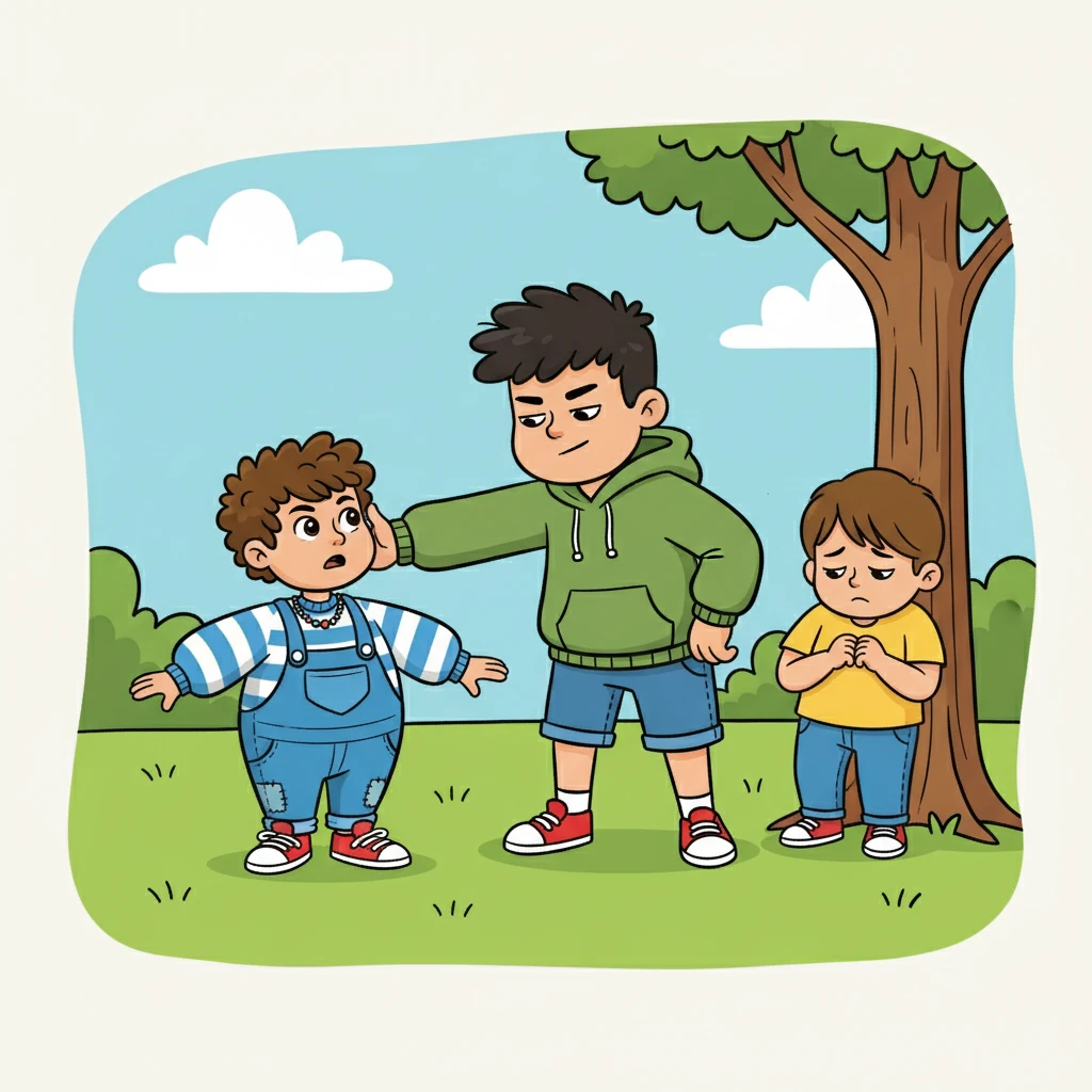 Bravely, Edward approached Joe and asked him to stop. Joe just smirked, shoving Edward aside. David, embarrassed and hurt, remained silent, shrinking back.