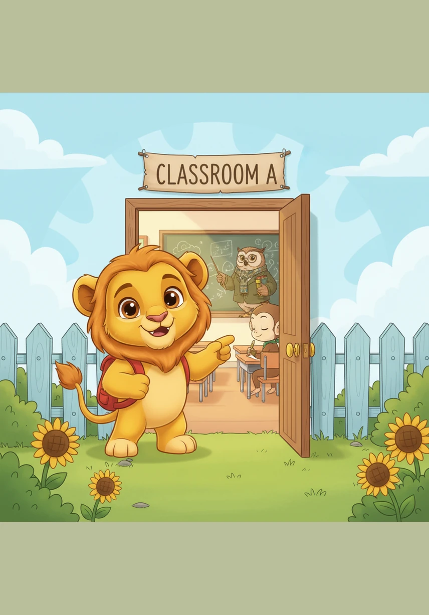 One sunny morning, Leo the Lion stands excitedly at the entrance of his new school with a bright blue backpack. He looks around the vibrant classroom and sees Mia the Monkey, Ellie the Elephant, Zara the Zebra, and Tim the Turtle all waiting to meet him.