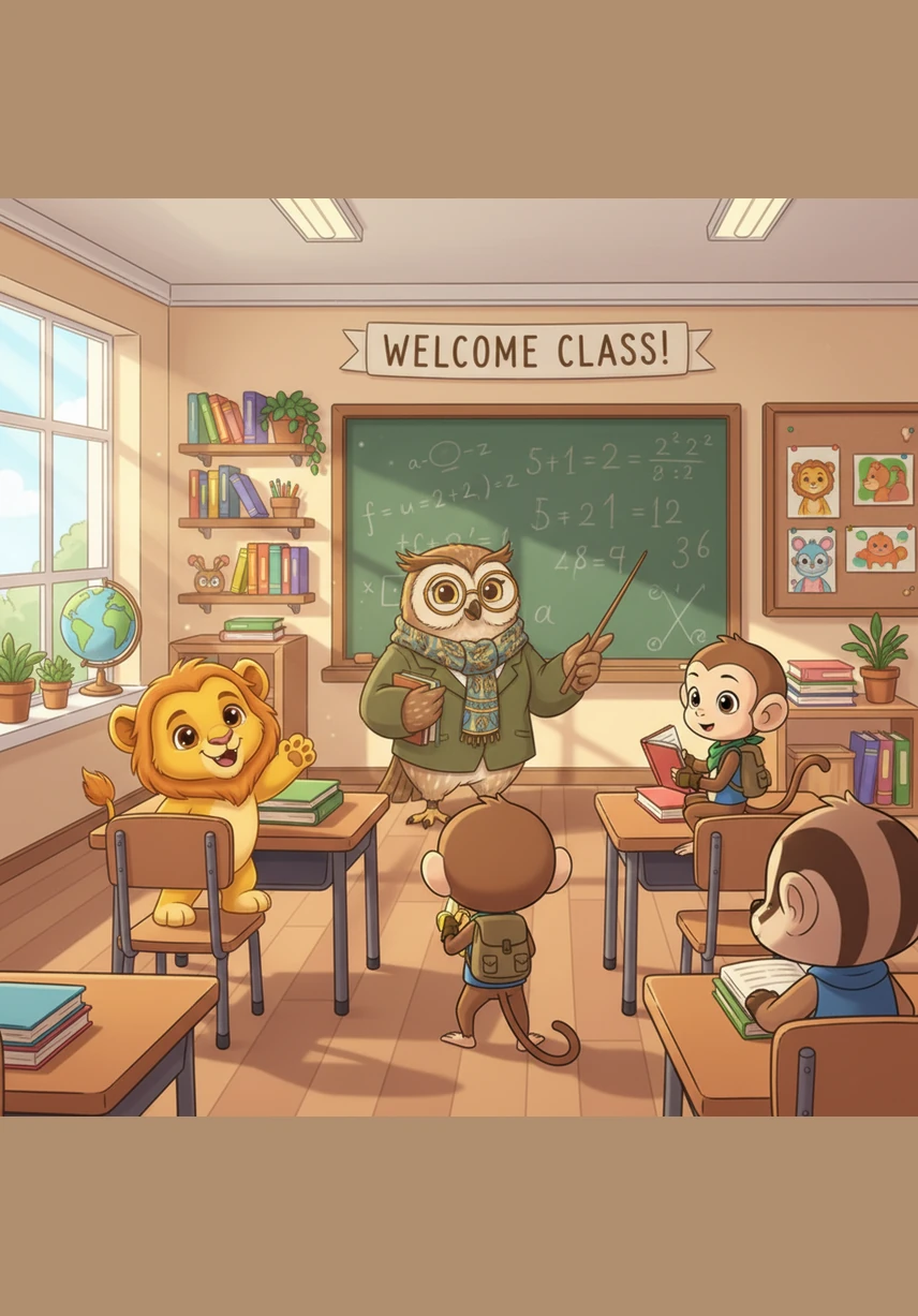 Ms. Owl, the wise teacher wearing round spectacles, stands by a colorful chalkboard and welcomes the class with a warm smile. She tells the animals that their room is a special place called the Happy Classroom, where everyone follows five simple rules to stay happy.