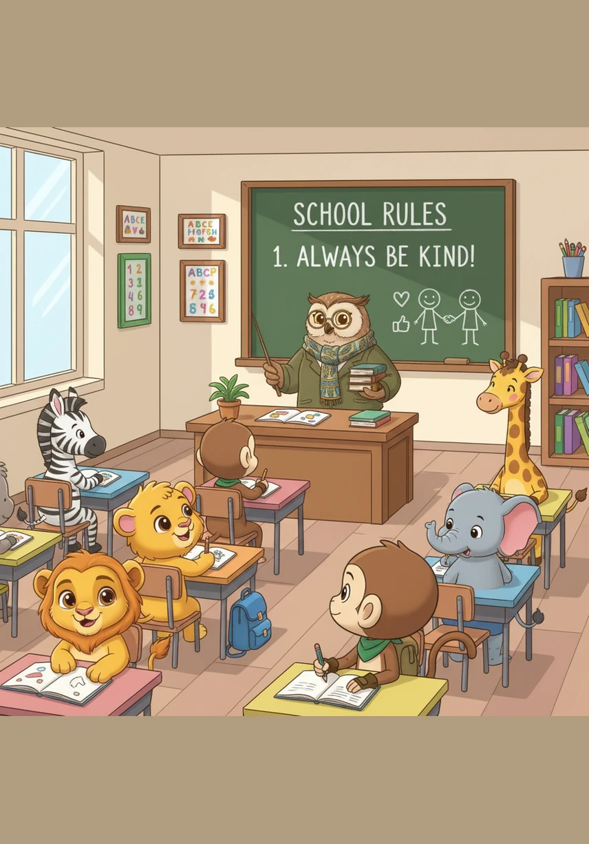 For the first rule, Ms. Owl explains that everyone must listen when someone else is talking. Leo and his new friends sit quietly on a soft, patterned rug, keeping their ears open and their eyes on their teacher to show they are paying attention.