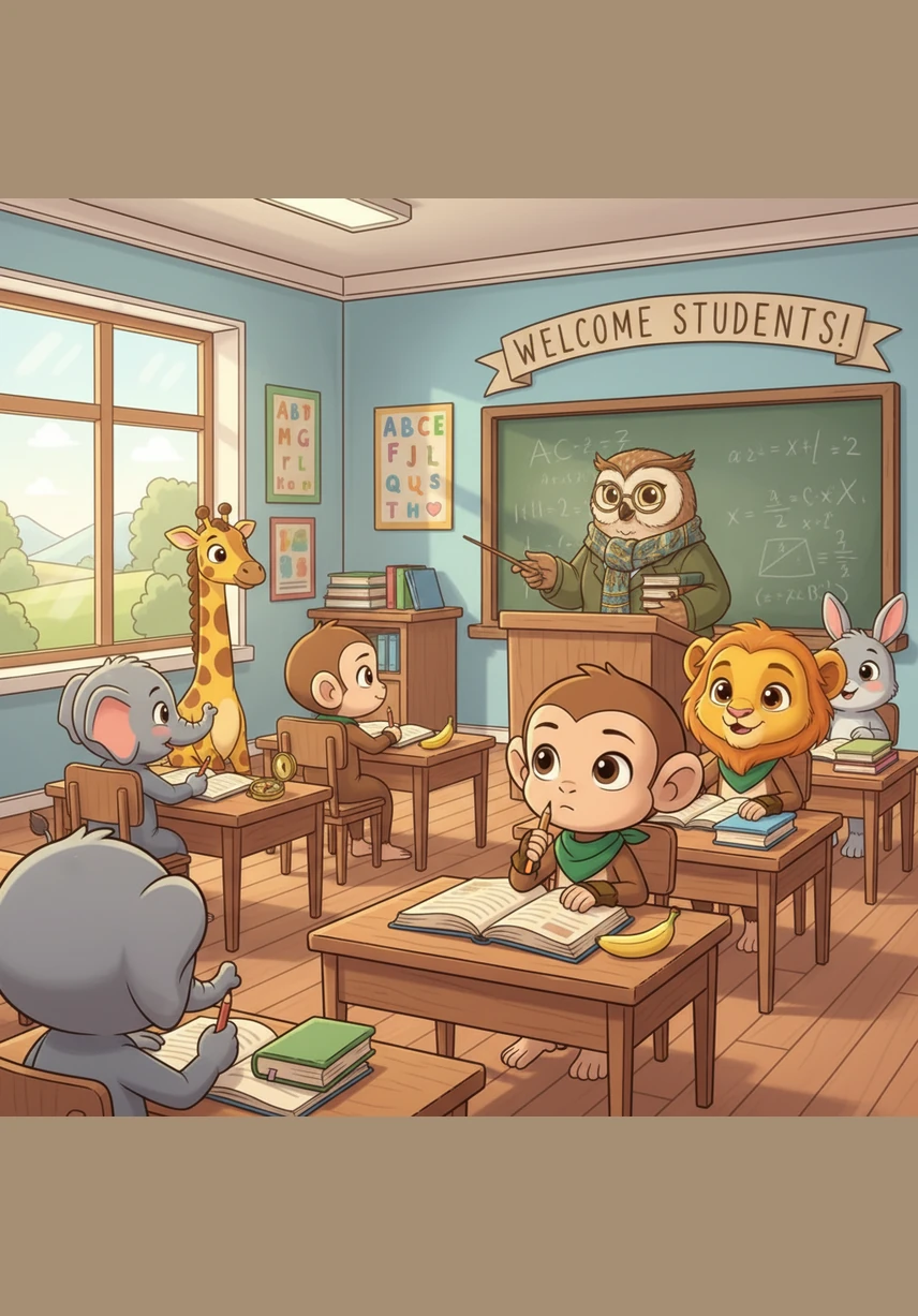 Mia the Monkey demonstrates the second rule by calmly raising her hand when she wants to ask a question. Ms. Owl smiles and calls on her, showing Leo that in the Happy Classroom, everyone waits for their turn to speak.