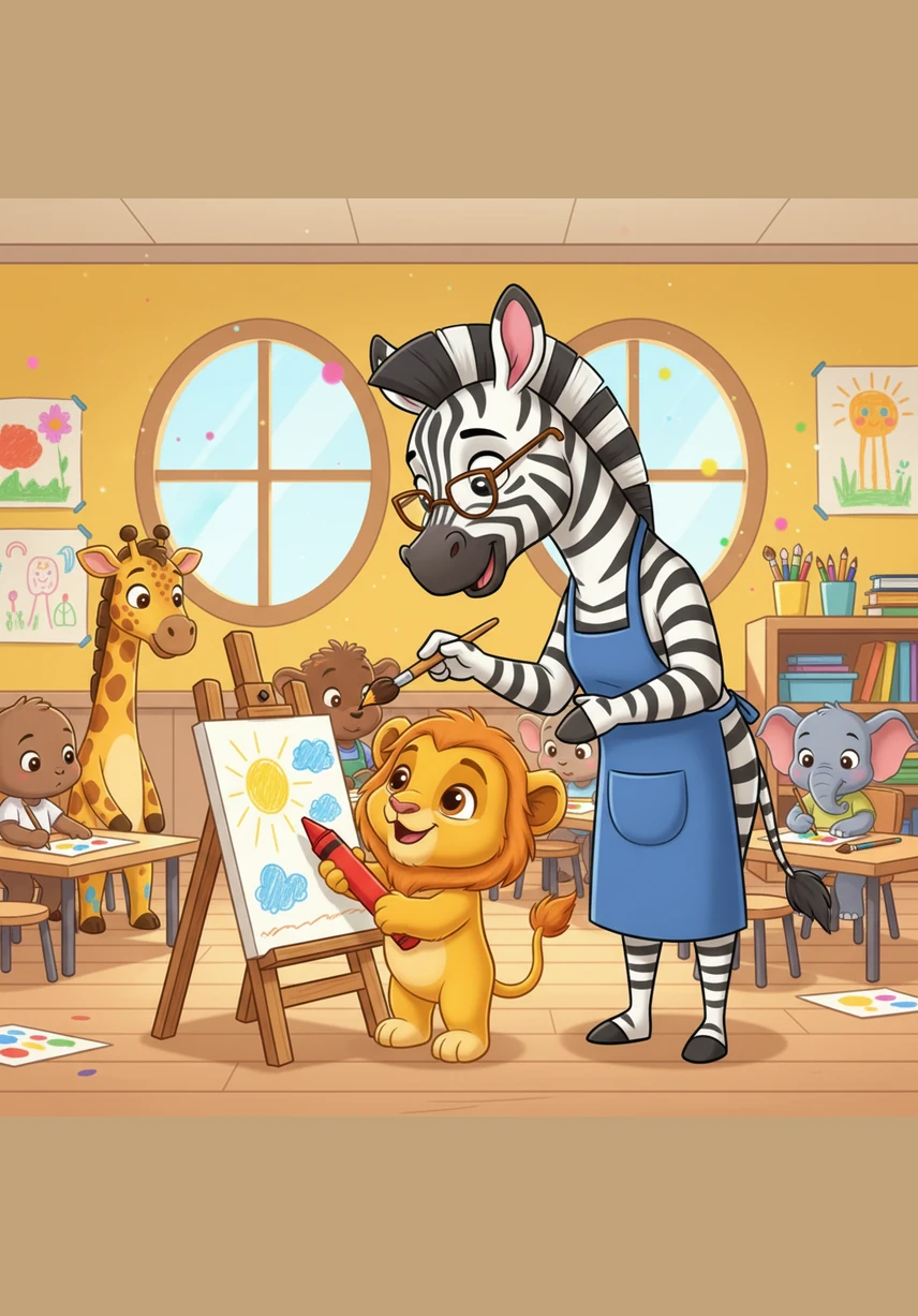 During art time, Zara the Zebra notices that Leo doesn't have any colors and kindly offers him her box of bright crayons. This represents the third rule of sharing, and Leo feels a warm glow of friendship as he accepts the gift with a big thank you.