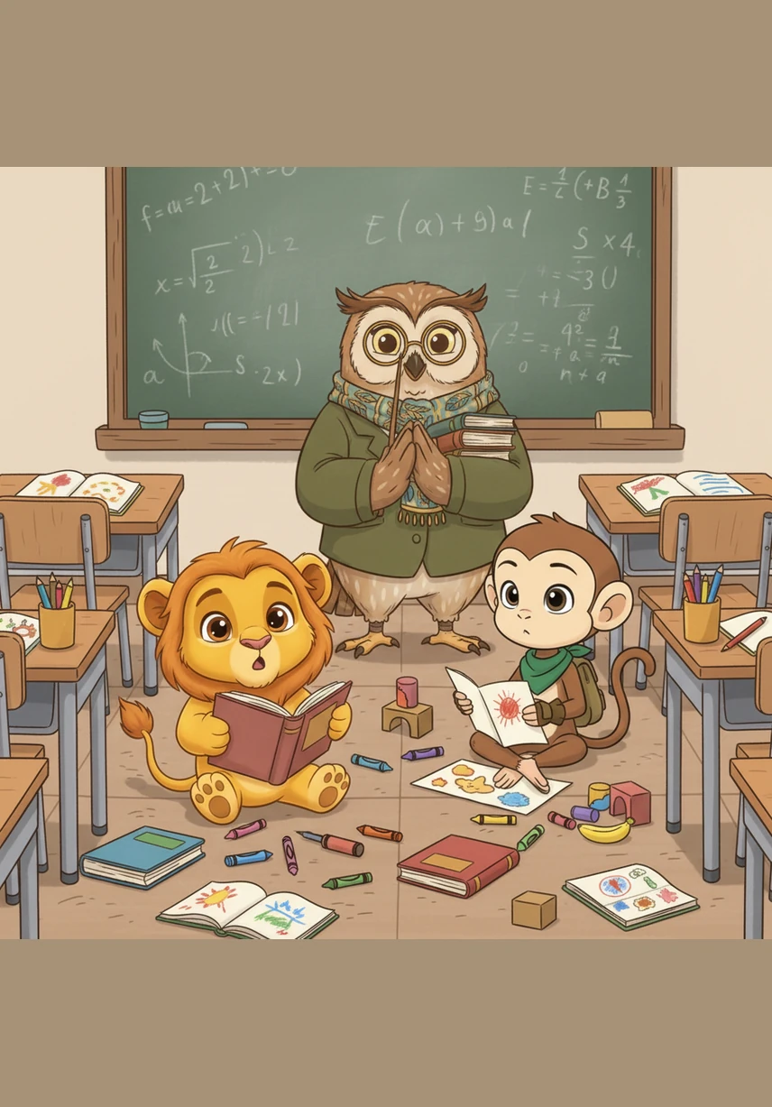 After a morning of fun, the classroom is covered in scattered books and stray crayons. Ms. Owl claps her wings and announces it is time for the fifth rule, which is to tidy up their workspace so the room can be clean again.