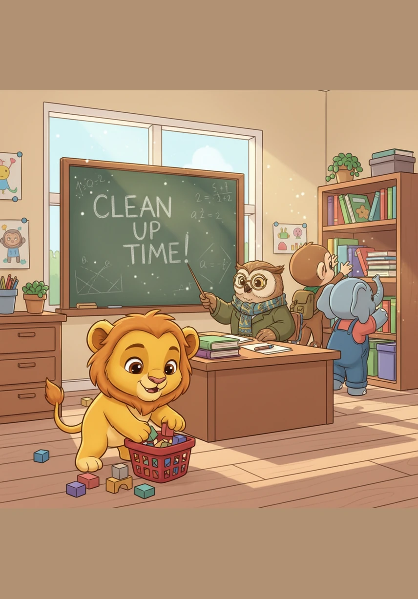 The animals sing a cheerful song as they work together, with Leo picking up crayons and Ellie using her trunk to push in the chairs. In just a few minutes, the classroom is sparkling and organized, showing how much they can achieve when they work as a team.