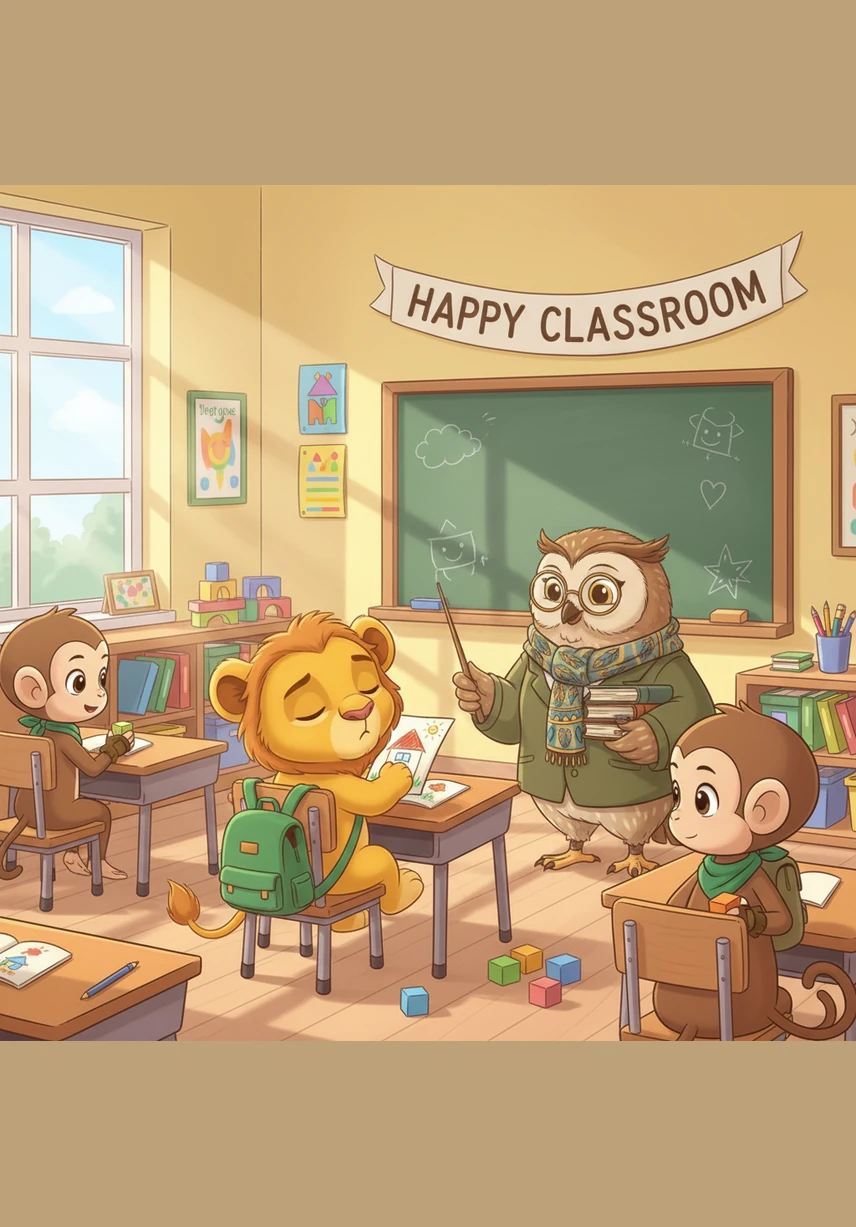 At the end of the day, Leo stands before his classmates and proudly recites all the rules he learned. All the animals cheer and hug their new friend, celebrating a perfect first day filled with laughter and learning in the Happy Classroom.