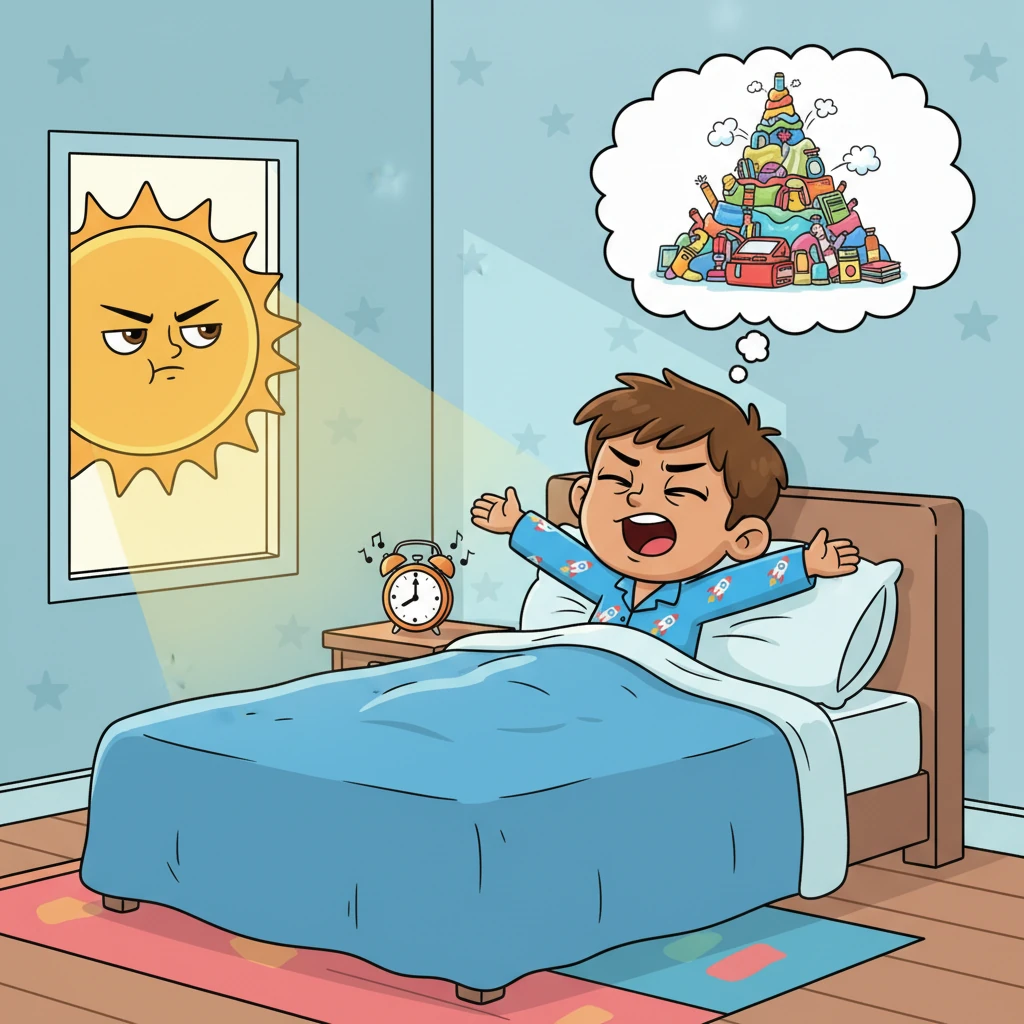 Ravi’s alarm clock blared, a grumpy sunbeam peeking through his window. He stretched under his cozy duvet, a huge, cartoonish sigh escaping his lips. Even before his feet touched the floor, he felt the weight of the day’s tasks, a playful thought bubble above his head showing a mountain of chores.