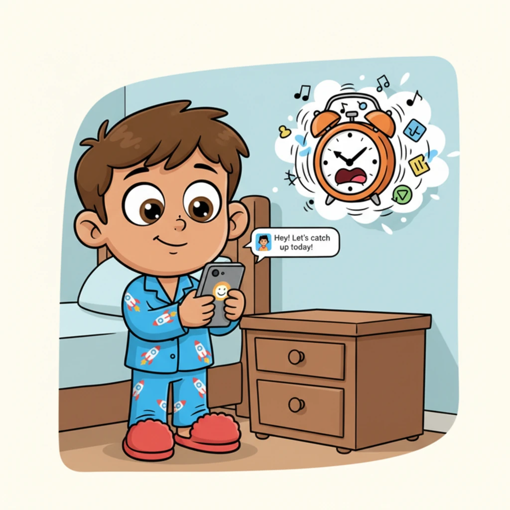 His phone buzzed excitedly on the nightstand. Ravi picked it up, and a cheerful message from Maya popped up: “Hey! Let’s catch up today!” A small smile brightened Ravi’s face, but then his eyes darted to a frantic, spinning clock on the wall, surrounded by imaginary to-do lists, making him feel instantly swamped.