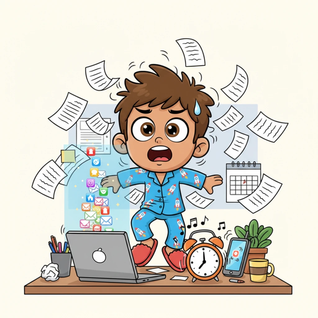 At his office desk, Ravi was a whirlwind of activity, his hair comically dishevelled. Papers flew around him like tiny birds, his laptop glowed with a stack of urgent emails, and his phone buzzed relentlessly. He looked completely overwhelmed, a tiny, exaggerated sweat drop rolling down his forehead.