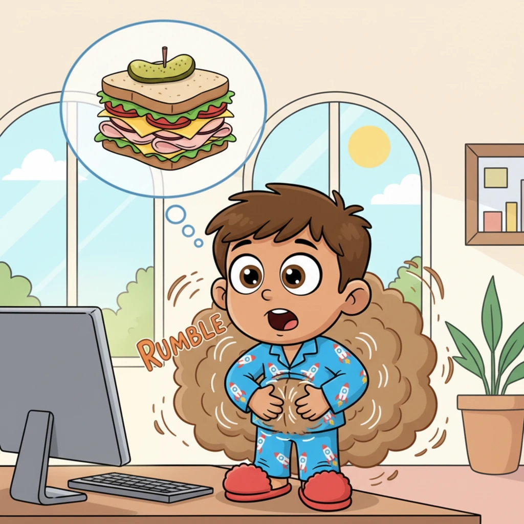 By afternoon, Ravi’s stomach let out a mighty, cartoonish rumble that echoed through the quiet office. He clutched his tummy, realizing he hadn’t eaten anything all day. He quickly typed a message to Maya, a thought bubble above his head showing a delicious, towering sandwich.