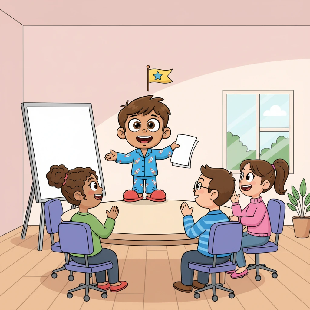 After a quick, much-needed lunch, Ravi took a short break, reviewing his notes one last time with a determined look. Then, with a confident smile, he stood before his colleagues, presenting his project. Everyone listened intently, their faces showing impressed smiles, a small victory banner waving in the background.