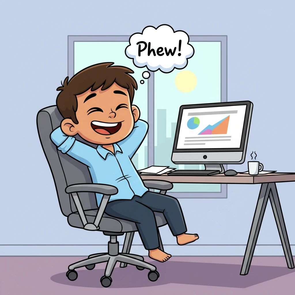 When the presentation was finally over, Ravi leaned back in his office chair, utterly exhausted but beaming. His eyes were half-closed, but a wide, happy grin stretched across his face. A tiny, triumphant “Phew!” floated above him, celebrating his success.
