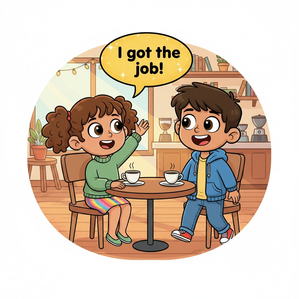 Later, at a cozy café, Maya was already waiting, a cheerful wave greeting Ravi. She excitedly shared her big news, a sparkling speech bubble above her head announcing, “I got the job!” Ravi’s face lit up instantly, his eyes wide with joy, genuinely thrilled for his friend.
