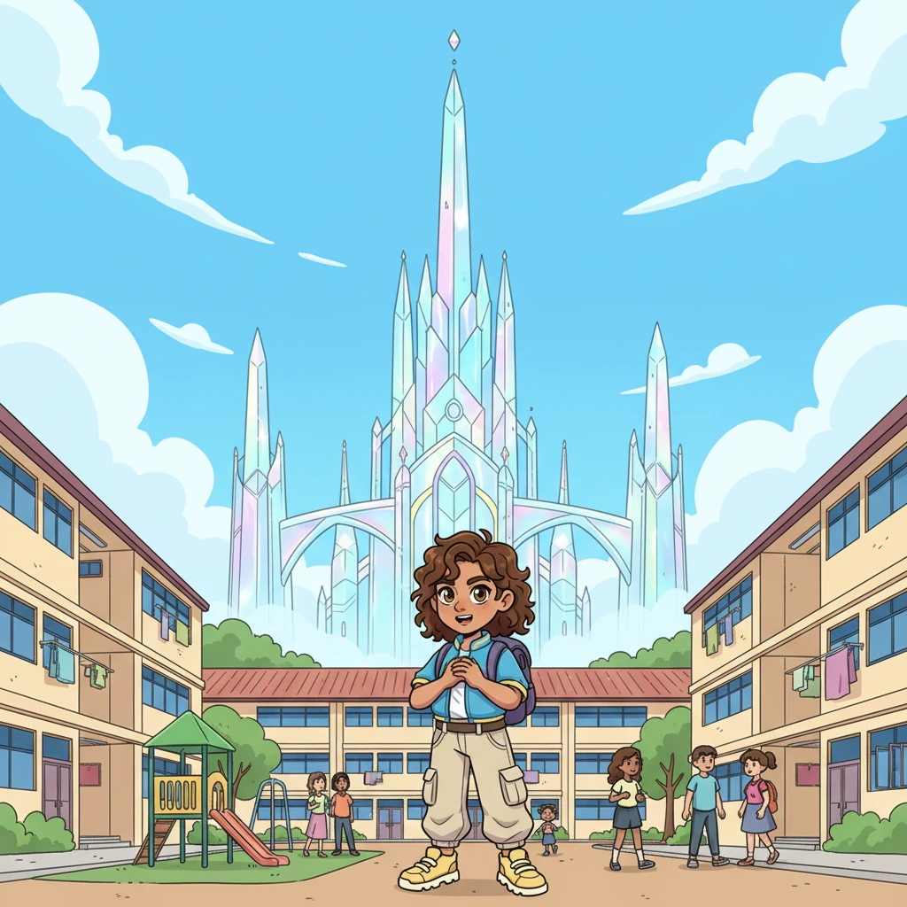 Lijah, a bright-eyed boy with an adventurous spirit, gazes up at the magnificent, futuristic spires of the Academy of Powers, visible even from his bustling HDB neighborhood in Singapore. He imagines flying through its shimmering gates, his heart full of a hero's dream.