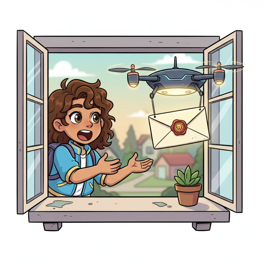 A sleek, glowing drone with the Academy's crest delivers a prestigious, wax-sealed envelope to Lijah's open window. His eyes widen in disbelief and joy as he sees the official emblem – a swirl of energy and a majestic lion's head – confirming his acceptance.