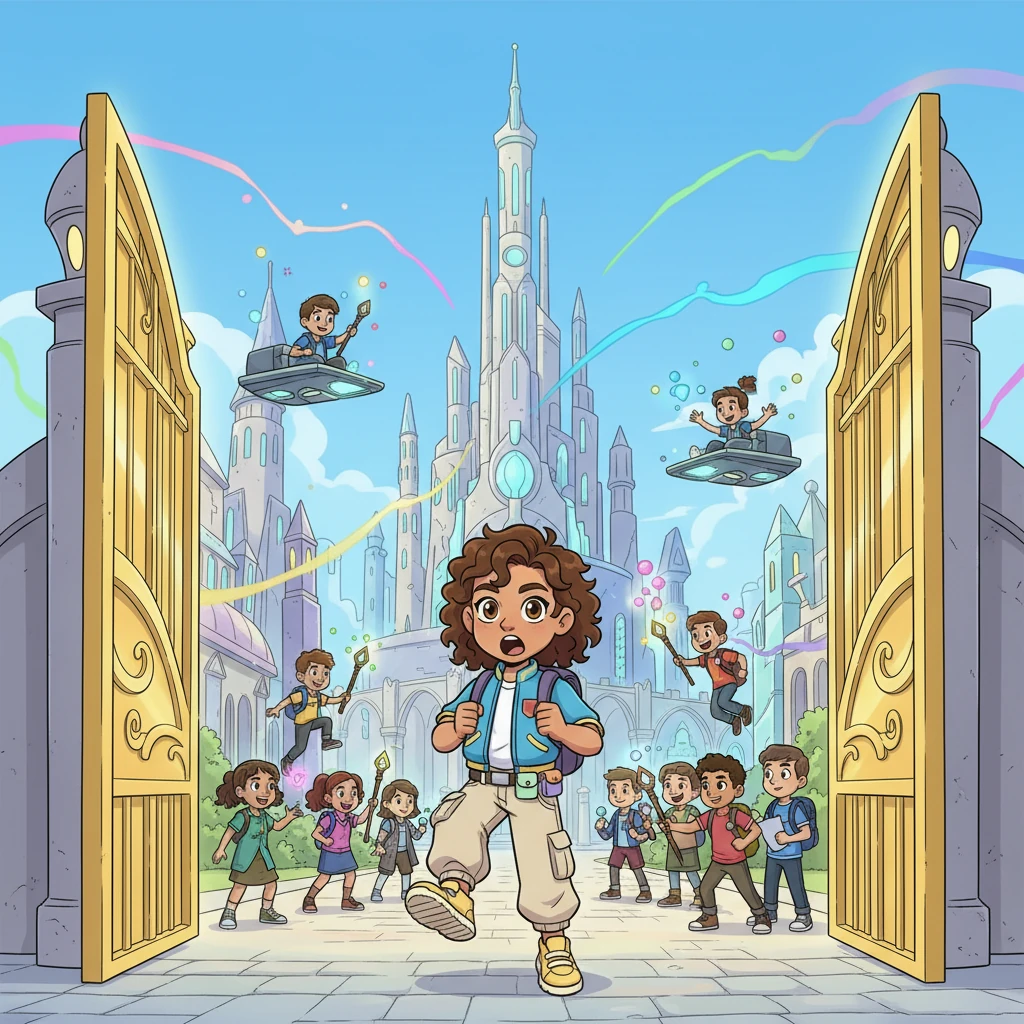 Lijah steps through the colossal, shimmering gates of the Academy, a breathtaking campus filled with students practicing their powers. Hovering platforms glide by, and colorful energy crackles in the air, making his jaw drop in pure amazement.