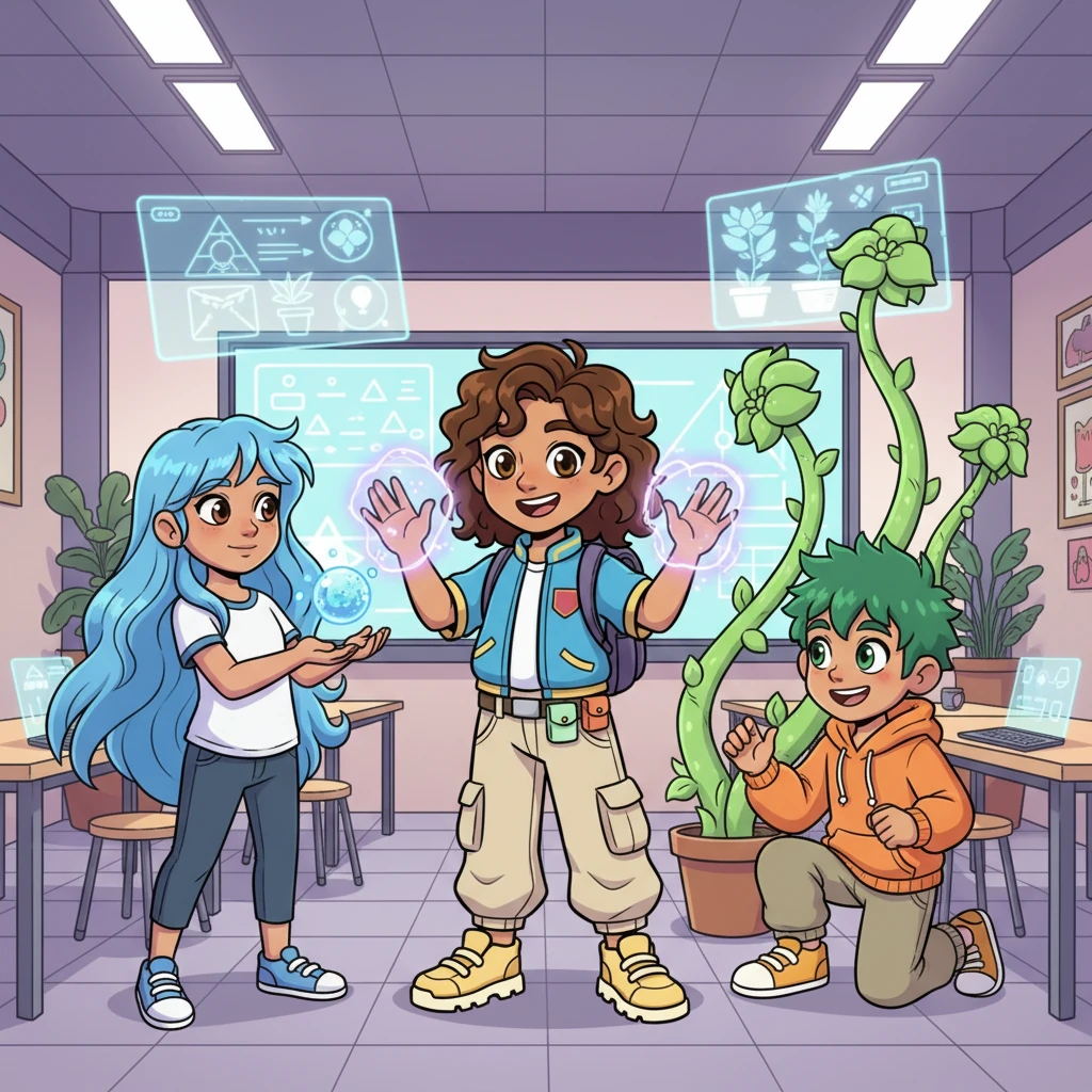 In a vibrant, high-tech classroom, Lijah meets Maya, a girl with shimmering water abilities, and Kenji, who can make plants grow in an instant. He feels a strange, exciting tingle in his fingertips, hinting at his own unique power waiting to emerge.