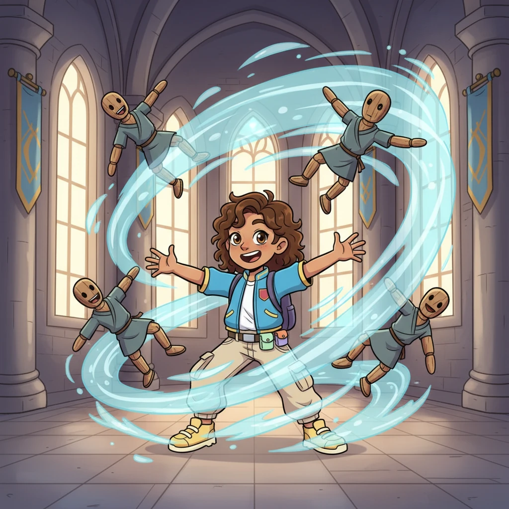 During a playful training exercise in the Academy's grand hall, Lijah accidentally summons a swirling vortex of wind, sending practice dummies spinning through the air. He grins, amazed and a little startled, realizing he can control the very air itself.