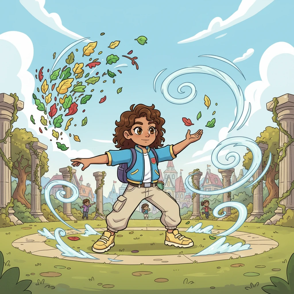 Lijah practices tirelessly in the Academy's vast, open-air training grounds, learning to control his new wind powers. He struggles at first, sending leaves scattering wildly, but with focus and determination, he begins to sculpt the air into graceful, controlled currents.
