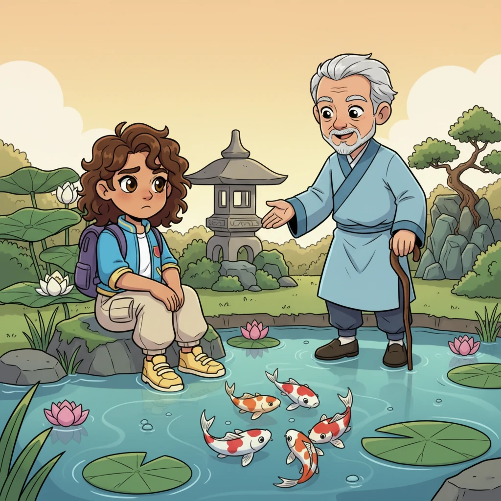 Feeling frustrated after a particularly tough lesson, Lijah sits alone by a tranquil koi pond, watching the colorful fish glide. A wise-looking mentor, Professor Chen, approaches, offering encouraging words and a gentle reminder that every hero starts with small, uncertain breezes.