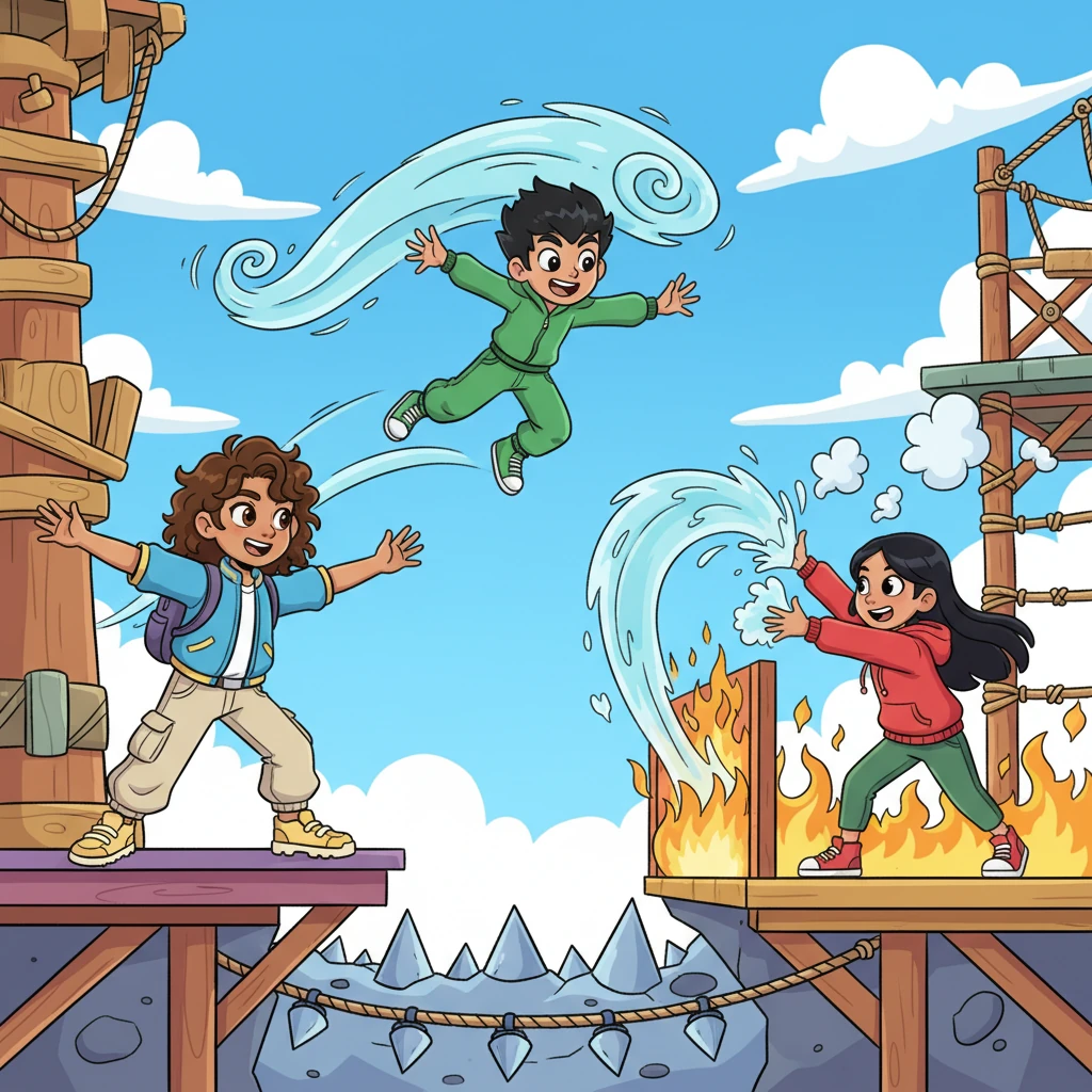 Lijah teams up with Maya and Kenji for a thrilling obstacle course designed to test their combined abilities. Lijah's wind lifts Kenji over a tricky gap, while Maya's water douses a fiery barrier, showcasing their perfect teamwork and growing friendship.