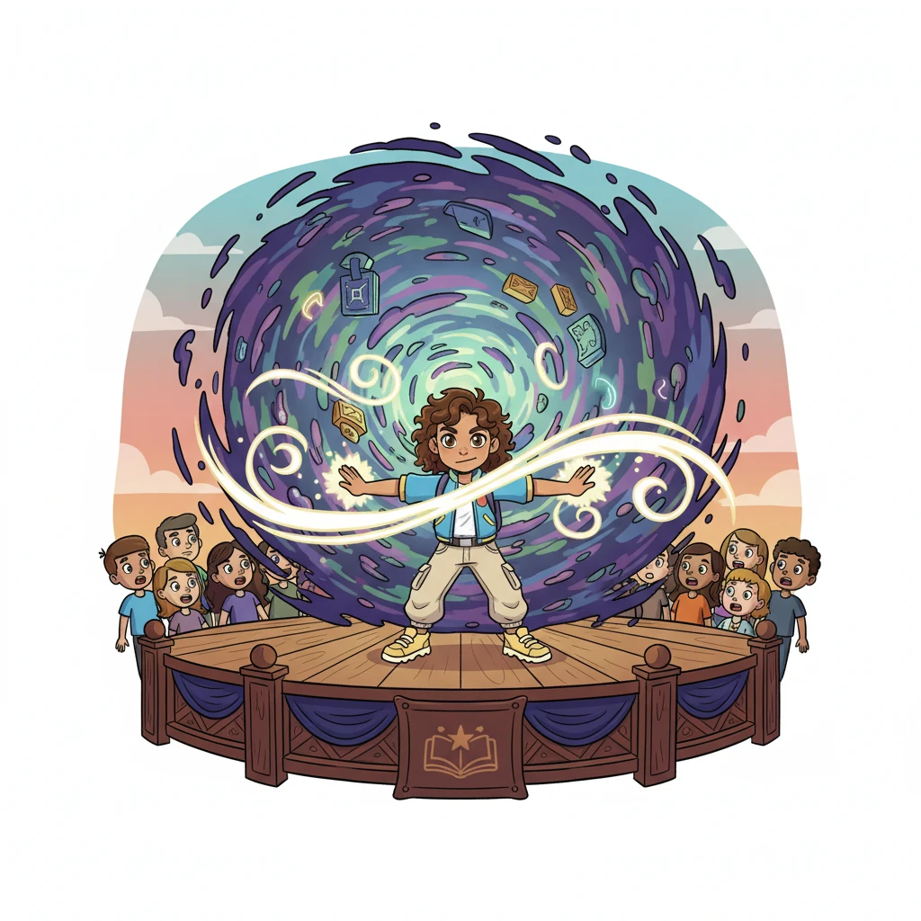 During the annual Academy showcase, a tricky illusion spell goes awry, creating a swirling, chaotic vortex that threatens to engulf the stage. Lijah, using all his learned control, calms the magical winds, saving the day with a powerful, steady gust.