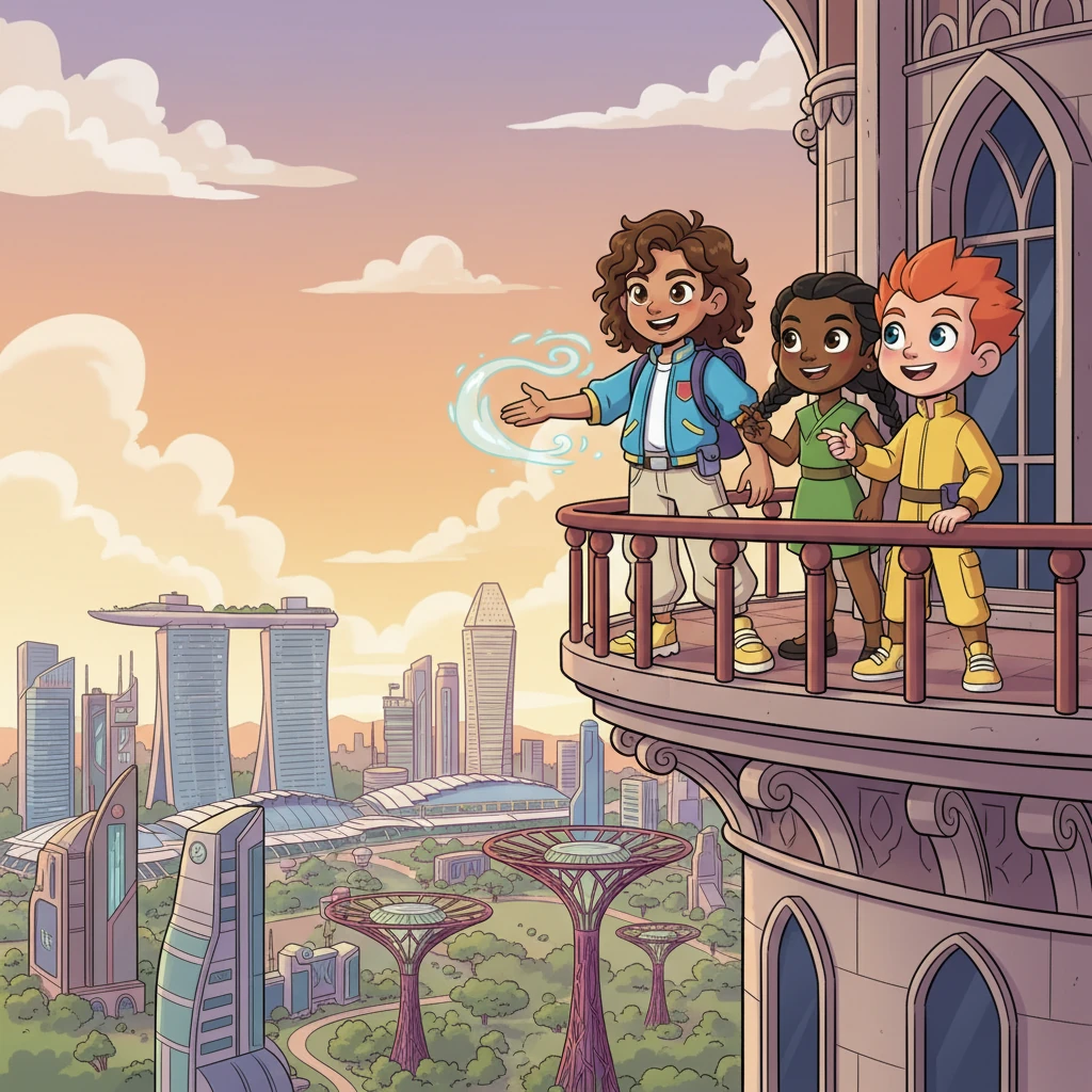 Standing proudly with his new friends, Lijah looks out over the vibrant Singapore skyline from the Academy's highest tower. He knows his journey has just begun, and with his wind powers strong and true, he's ready to embrace his destiny as a true hero.