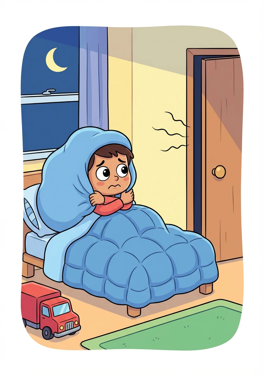 في إحدى الليالي، بينما كان خالد مستلقياً في سريره، سمع صوتاً غريباً قادماً من خزانة ملابسه. ارتجف خالد من الخوف وغطى رأسه بالكامل بالغطاء.