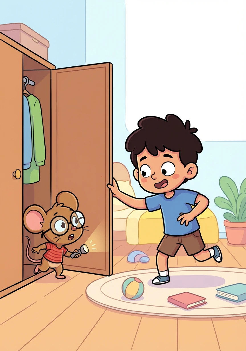 فجأة، ظهر من الخزانة فأر صغير اسمه فرفور. كان فرفور يرتدي نظارات كبيرة وكان يحمل مصباحاً صغيراً.