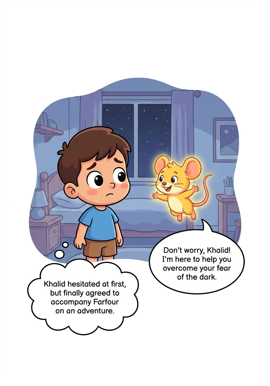 قال فرفور: "لا تخف يا خالد! أنا هنا لأساعدك في التغلب على خوفك من الظلام.". تردد خالد في البداية، لكنه وافق في النهاية على مرافقة فرفور في مغامرة.