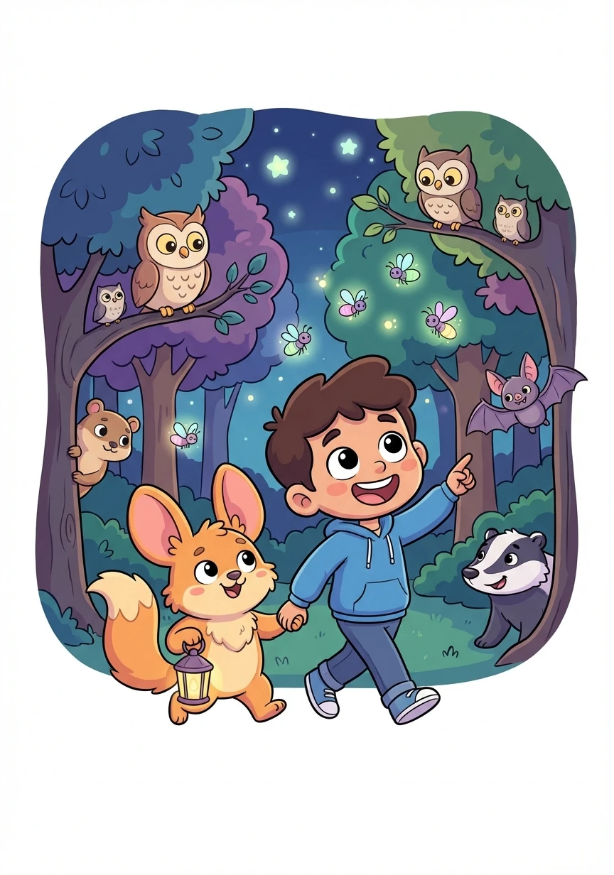 ثم قاد فرفور خالد إلى غابة حيث كان يعيش حيوانات الليل. رأى خالد البوم واليراعات والحيوانات الأخرى التي تستمتع بالظلام.