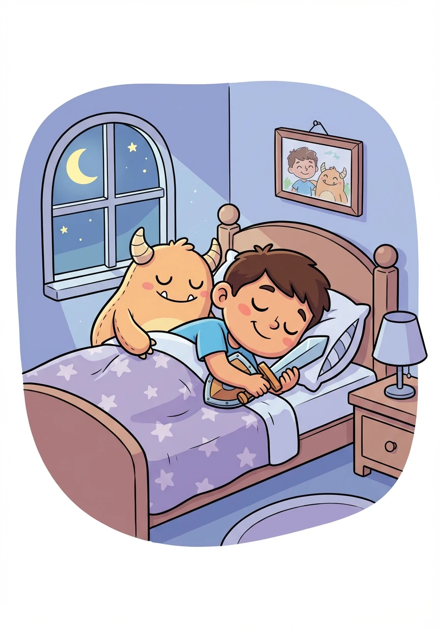 منذ ذلك اليوم، لم يعد خالد يخاف من النوم في غرفته وحده. لقد تعلم أن الشجاعة والصداقة يمكن أن تساعده في التغلب على أي خوف.