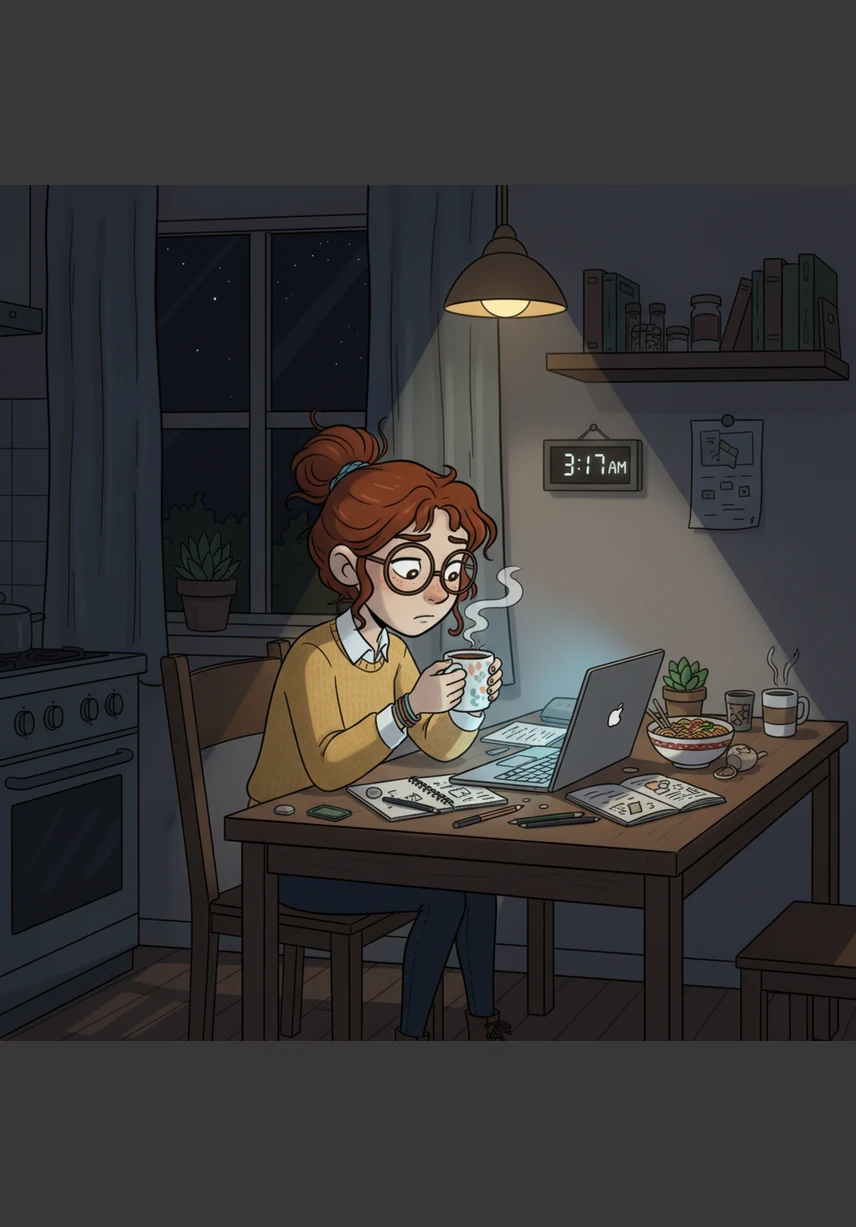 Mia sits at her cluttered kitchen table, looking at her laptop with a mix of hope and exhaustion. She dreams of starting a side business but feels held back because she isn't a trained graphic designer.