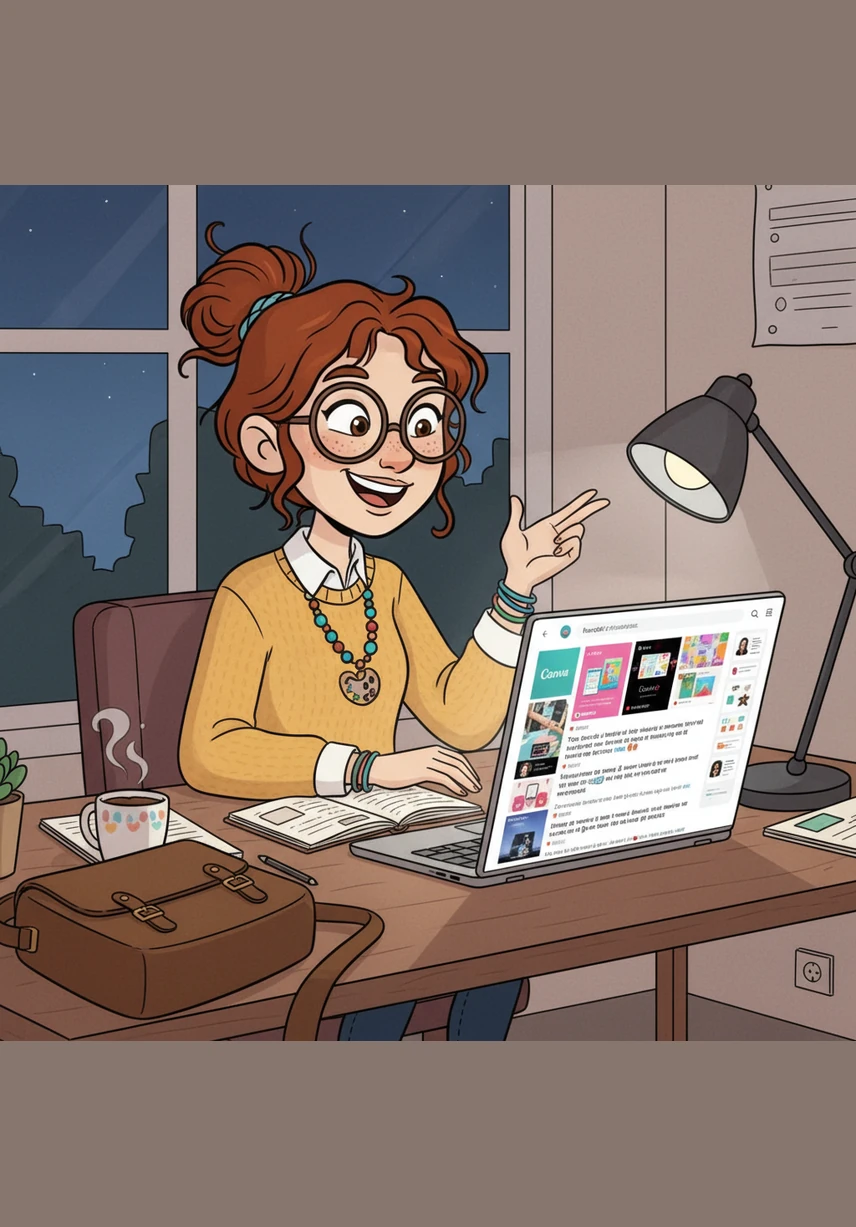 One evening, Mia discovers a vibrant online community sharing their success with digital products made on Canva. Her eyes light up as she realizes that professional-looking designs are finally within her reach.