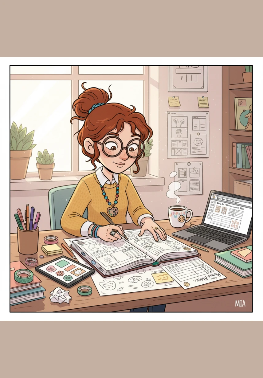 Mia decides to create her first product, a beautifully organized weekly planner for busy professionals. She drags and drops elements, carefully aligning each line and checkbox until the layout looks perfect.